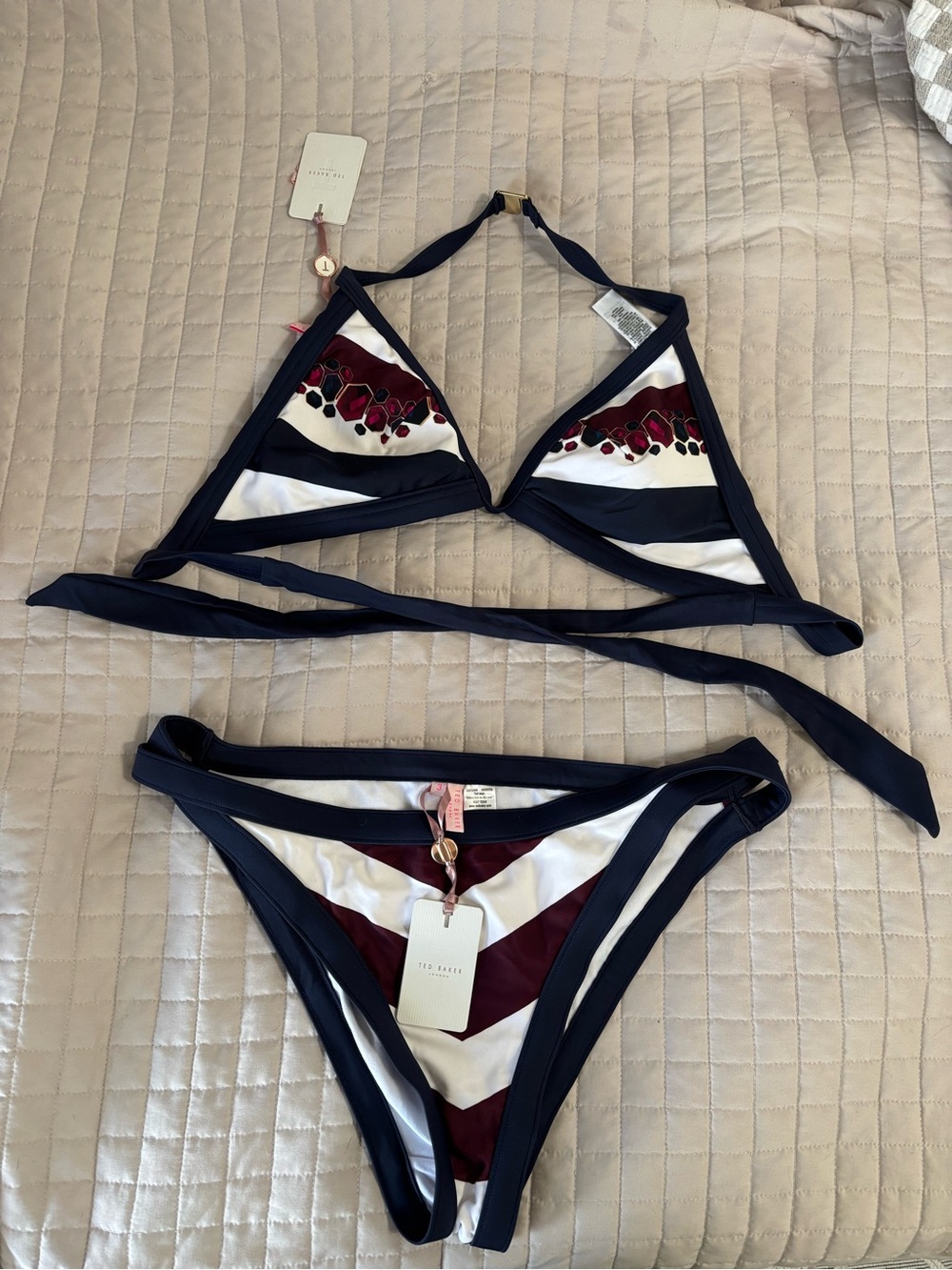 Ted Baker Navy, White & Burgundy Striped Triangle Bikini